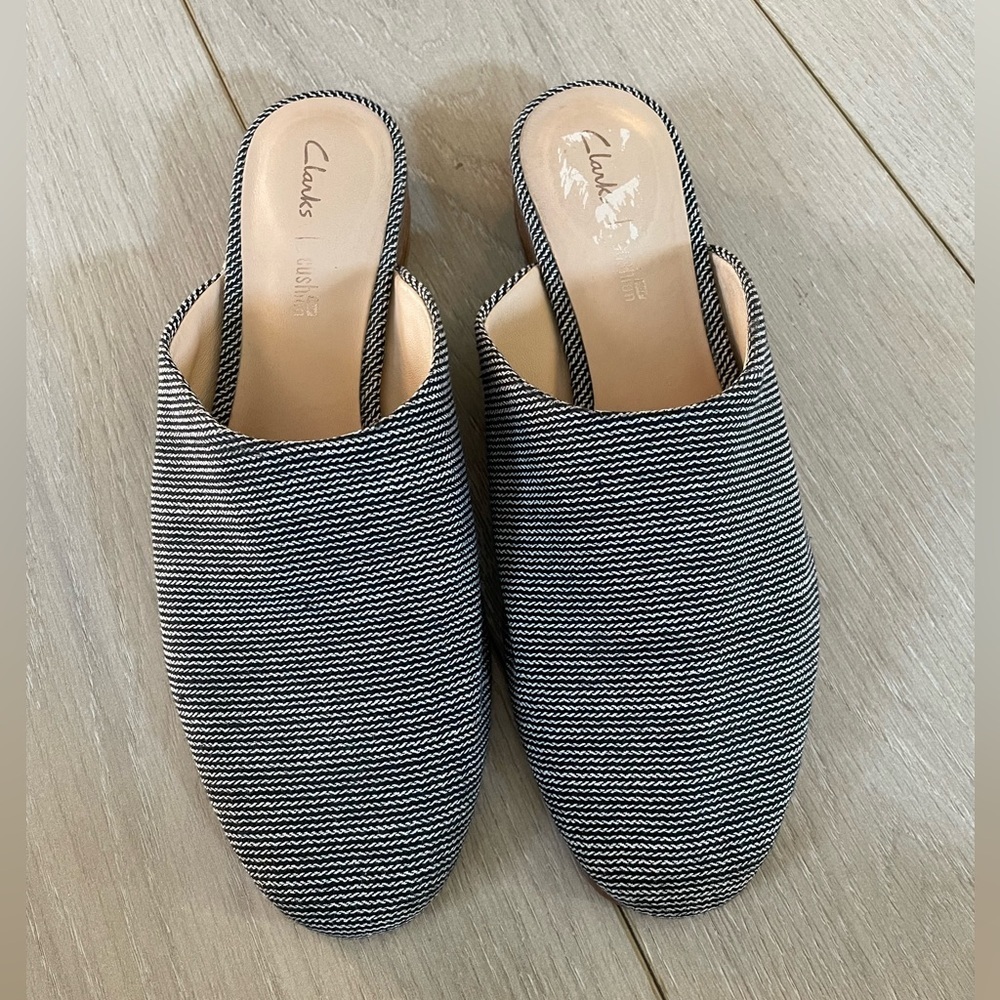 Clarks‎ Cushion Plus Canvas Mule Pure Blush Navy Striped Slip On Mules Shoes 7.5
